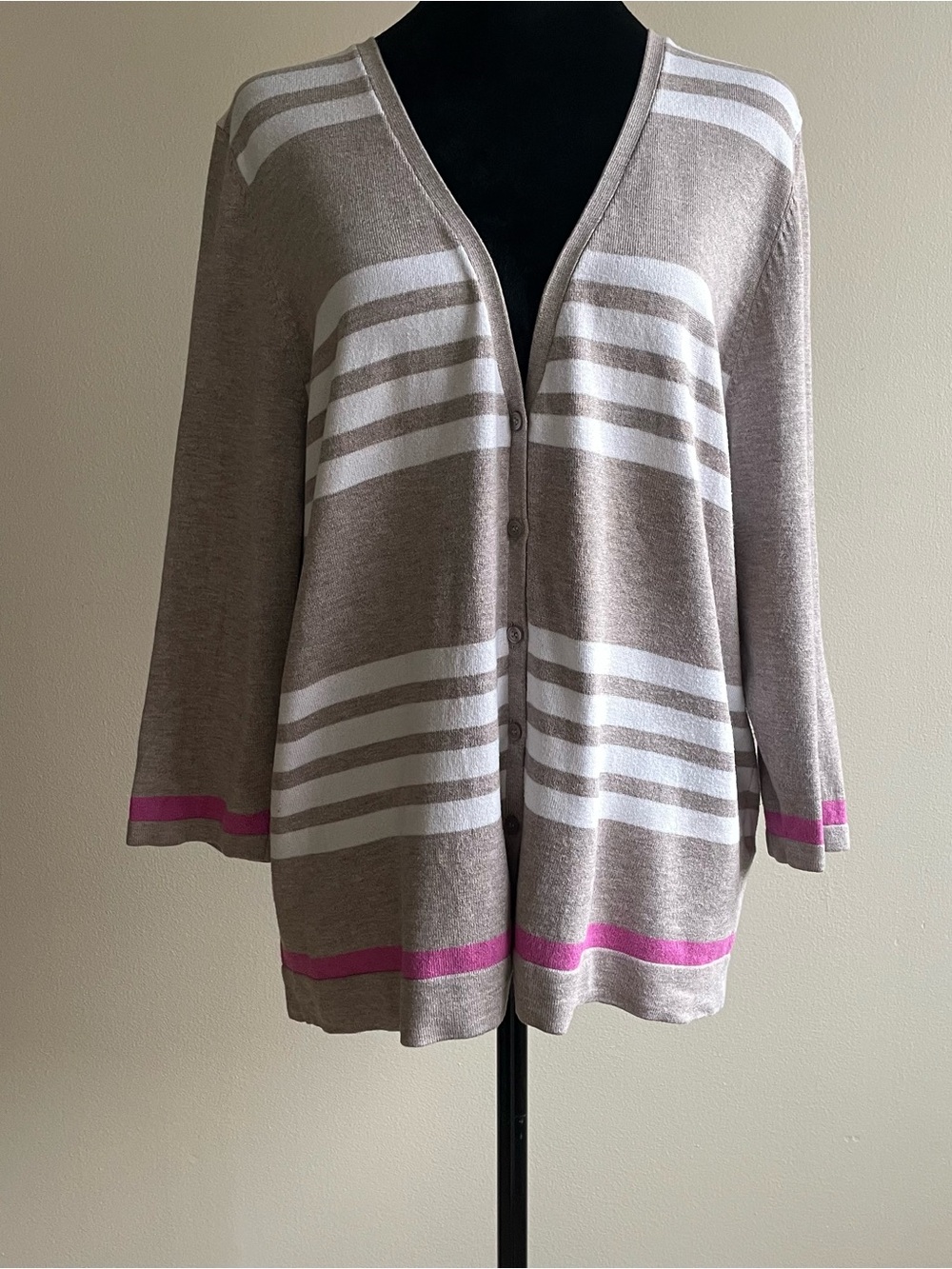Leo & Nicole Striped Button Front Cardigan Sweater L Pink Accent